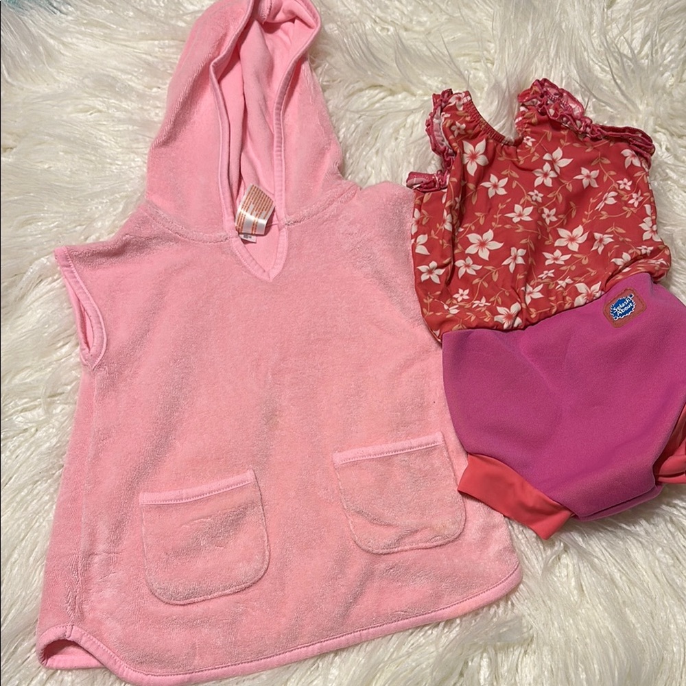 Pink Hooded Towel Poncho and Floral Swimsuit Set